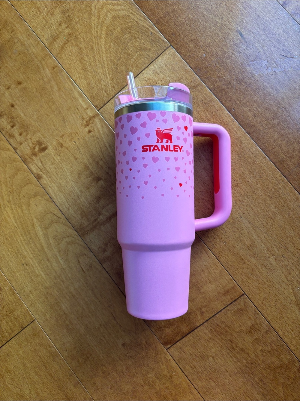 Stanley Pink Travel Tumbler with Heart Pattern and Handle